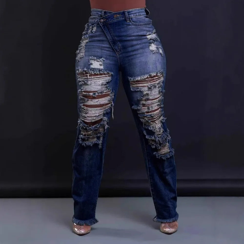 Jeans Ankle Length Women Pencil Denim Hole Pants Ripped Pockets High Waist Jean Skinny Streetwear Button Washed Distressed