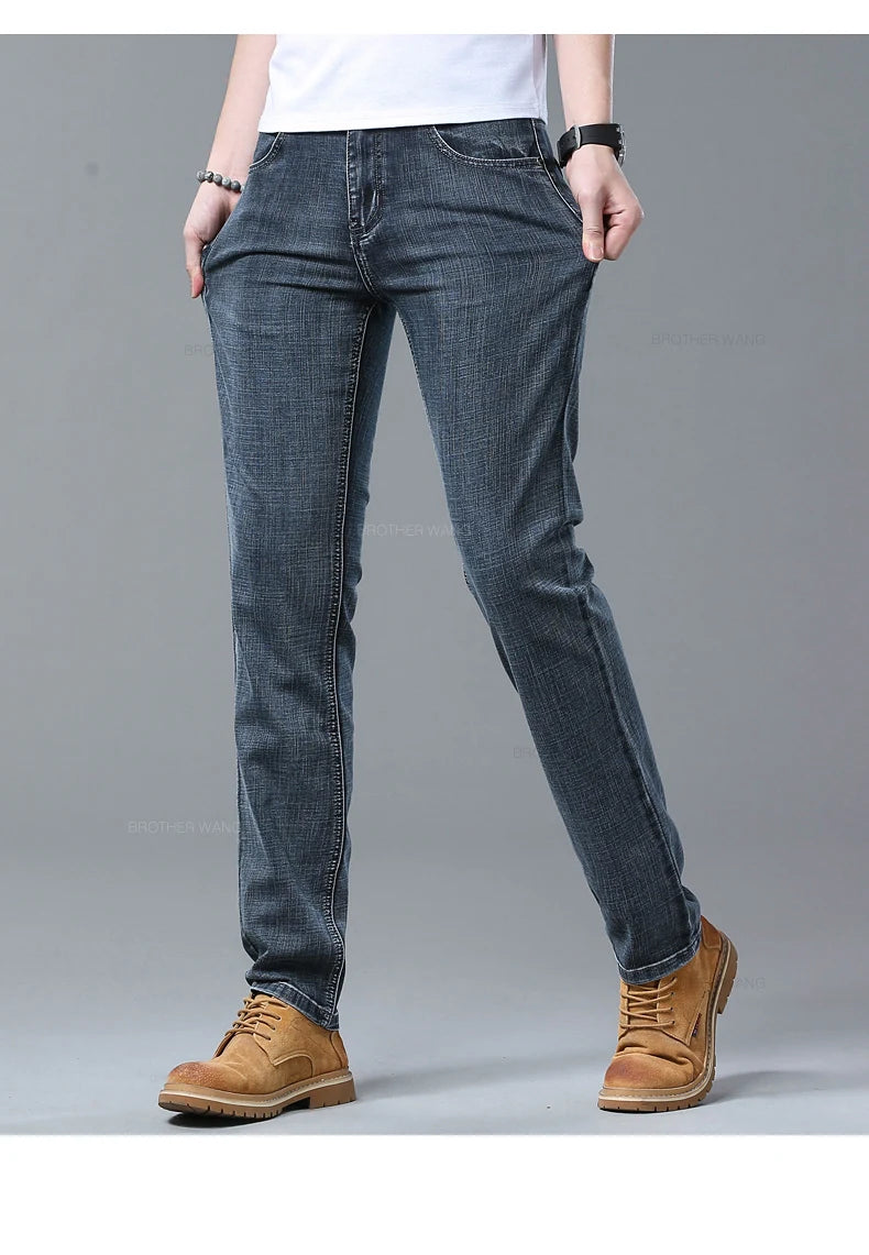 Frühlings Herren Hellblaue Slim Jeans Stylische Lässige Stretch Denim Hose Klassische Chinohose Rauchgrau