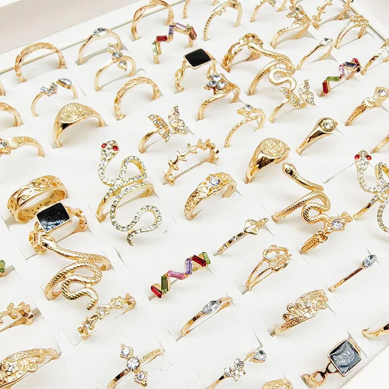30pcs/Lot Wholesale New Mix Style Big Snake Finger Rings For Women Black Enamel Cutout Butterfly Star Cute Flower Jewelry Gifts