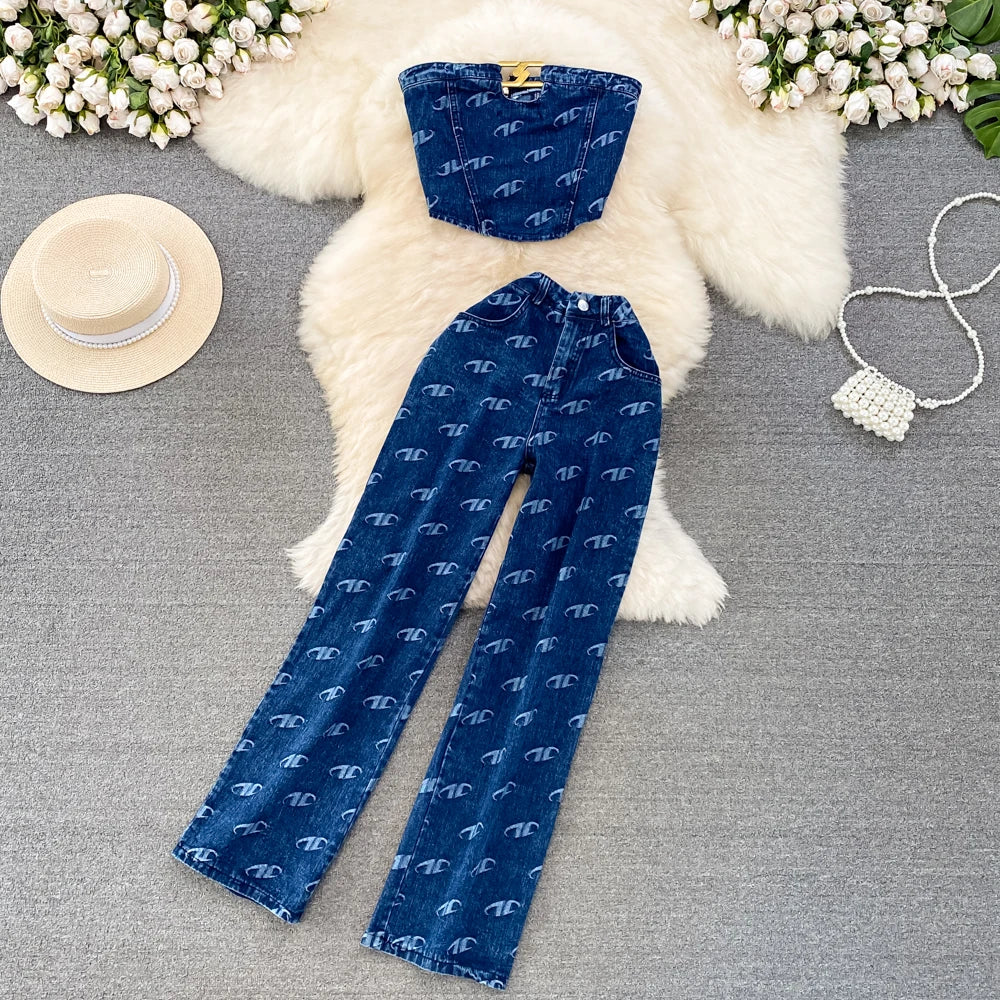 Zweiteiliges Set Damen Ärmellose Bandeau-Tops Sexy Crop-Shirt Knopf-Hosen-Sets Gerade Hosen Taschen Lässige passende Sets