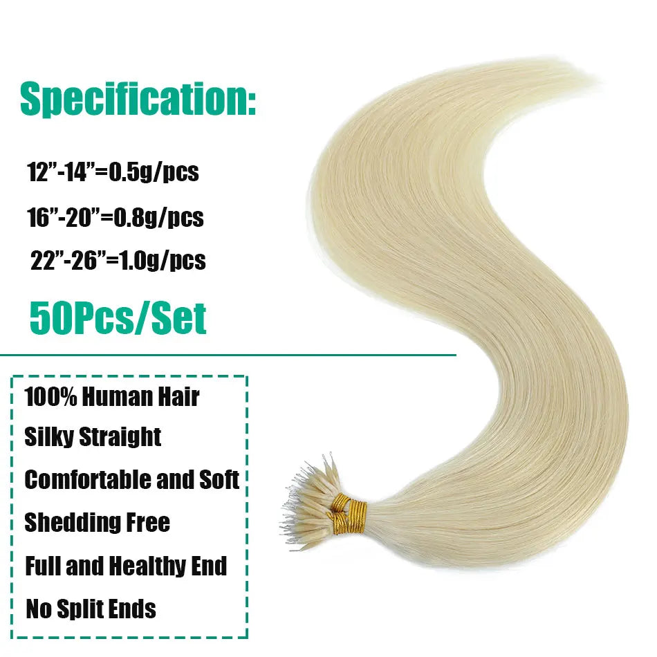 50Pcs Nano Ring Human Hair Extensions Straight Remy Micro Beads Ring Hair Extension 0.5g/0.8g/1g/Strand 12-26Inch Natural Color