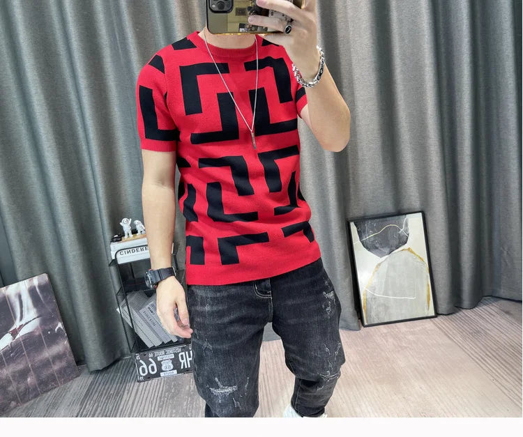 Luxury Men Autumn Knitted Tshirt 2024 Korean O-neck Short Sleeve Top Tees Streetwear Male Social Club Slim Fit Casual T-Shirt