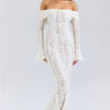 Mozision Blumen-Spitzen-Off-Shoulder Maxikleid für Damen, weiß, trägerlos, rückenfrei, langärmlig, Bodycon, Club, Party, sexy langes Kleid