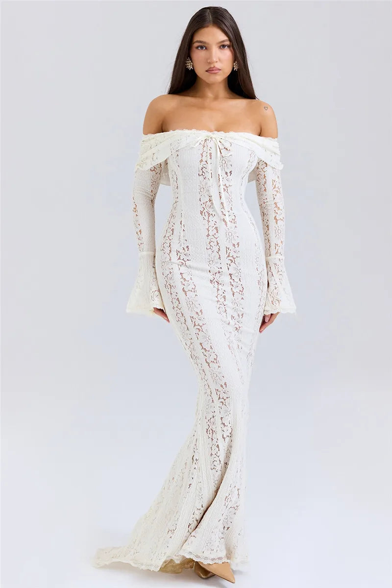 Mozision Blumen-Spitzen-Off-Shoulder Maxikleid für Damen, weiß, trägerlos, rückenfrei, langärmlig, Bodycon, Club, Party, sexy langes Kleid