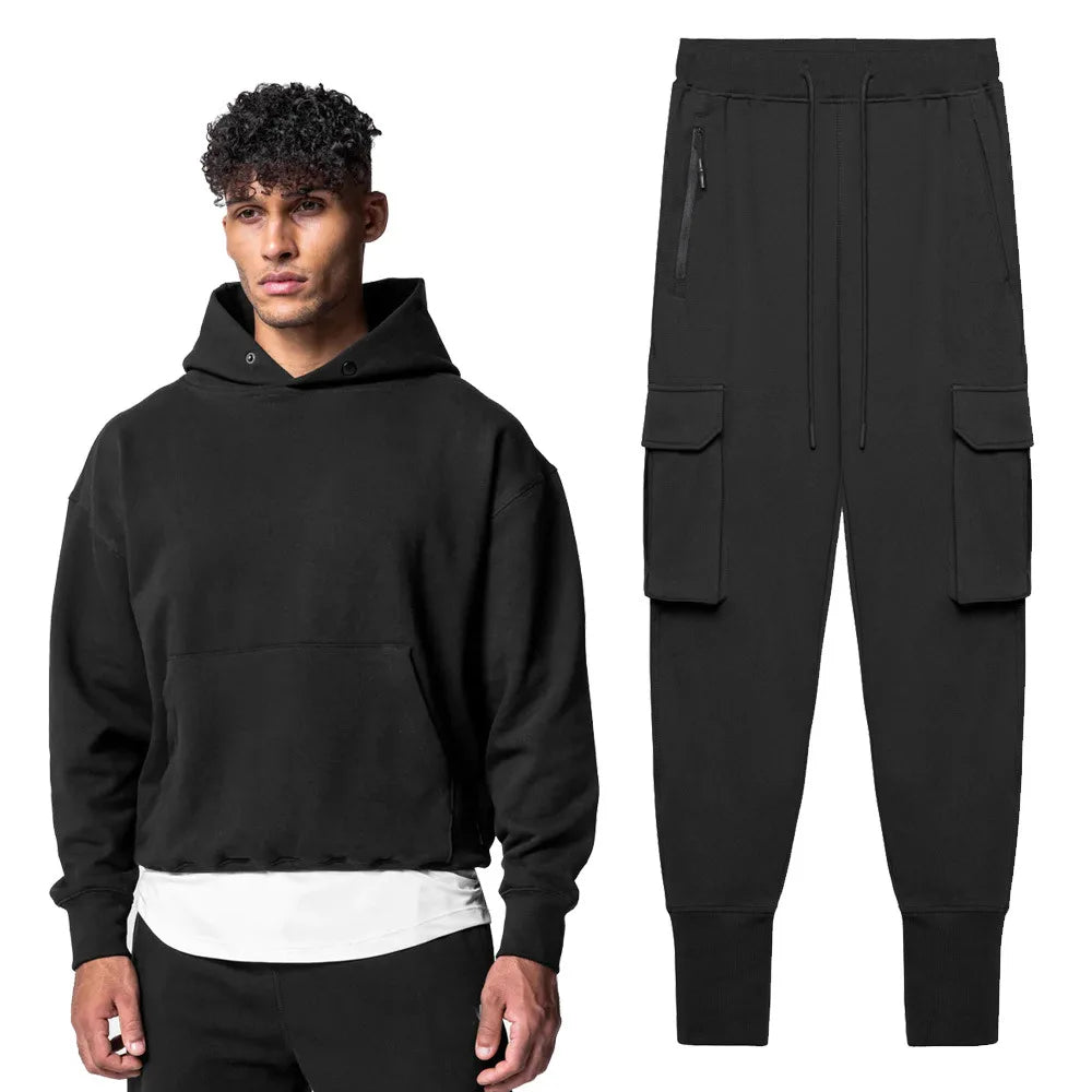 Men's Thick Cotton Training Sets Hoodie Casual Sports Pullover Hooded 2-piece Top with Pants Sweatshirts Gym Running Tracksuits
