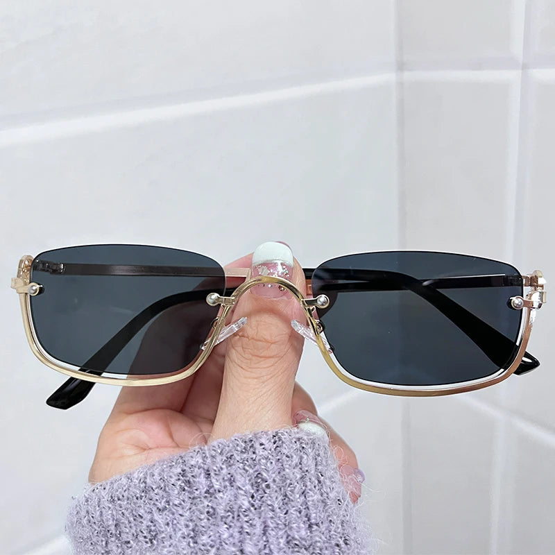 Halbrahmen Eckige Sonnenbrille für Damen Luxusmarke Kleine Metall Retro Rechteckige Schwarze Sonnenbrille Damen Mode Brille