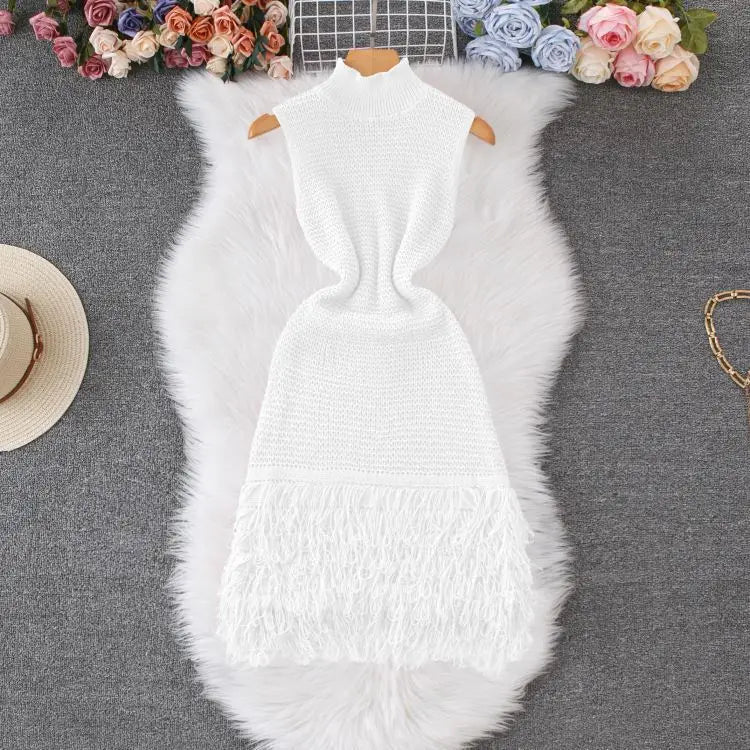 Women's Solid Color Sleeveless Round Neck Slim Fitting Fringe Fur Dress for Summer 2025