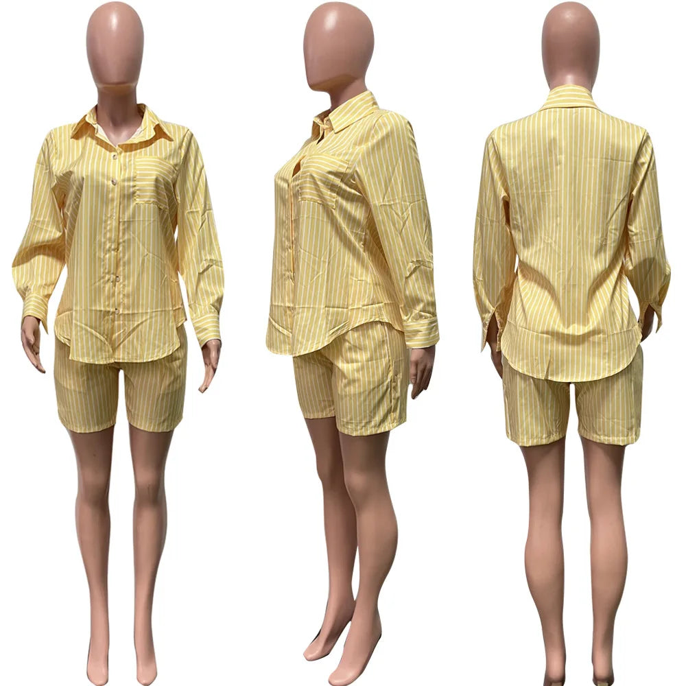 Two Piece Short Sets Women Striped Single Breasted Cardigan Blouses Shorts Elastic Waist Shirt Suit Casual Outwear Summer