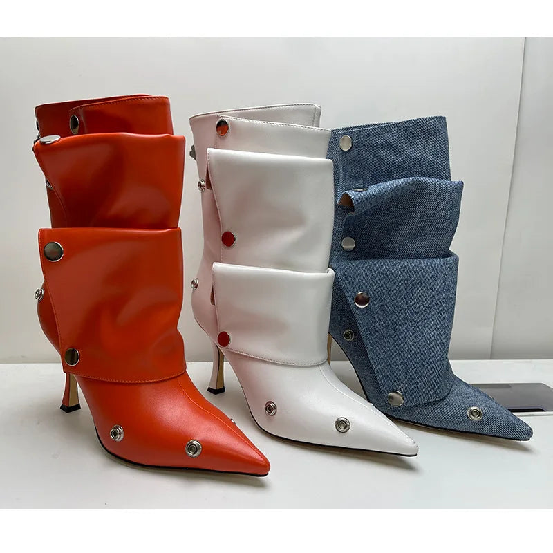 2025 Klassische Damenstiefel mit spitzer Zehe, ausgefallenen Absätzen, Nietenknopf und seitlichem Reißverschluss, einfarbig, hochhackige Schuhe, Botas Altas