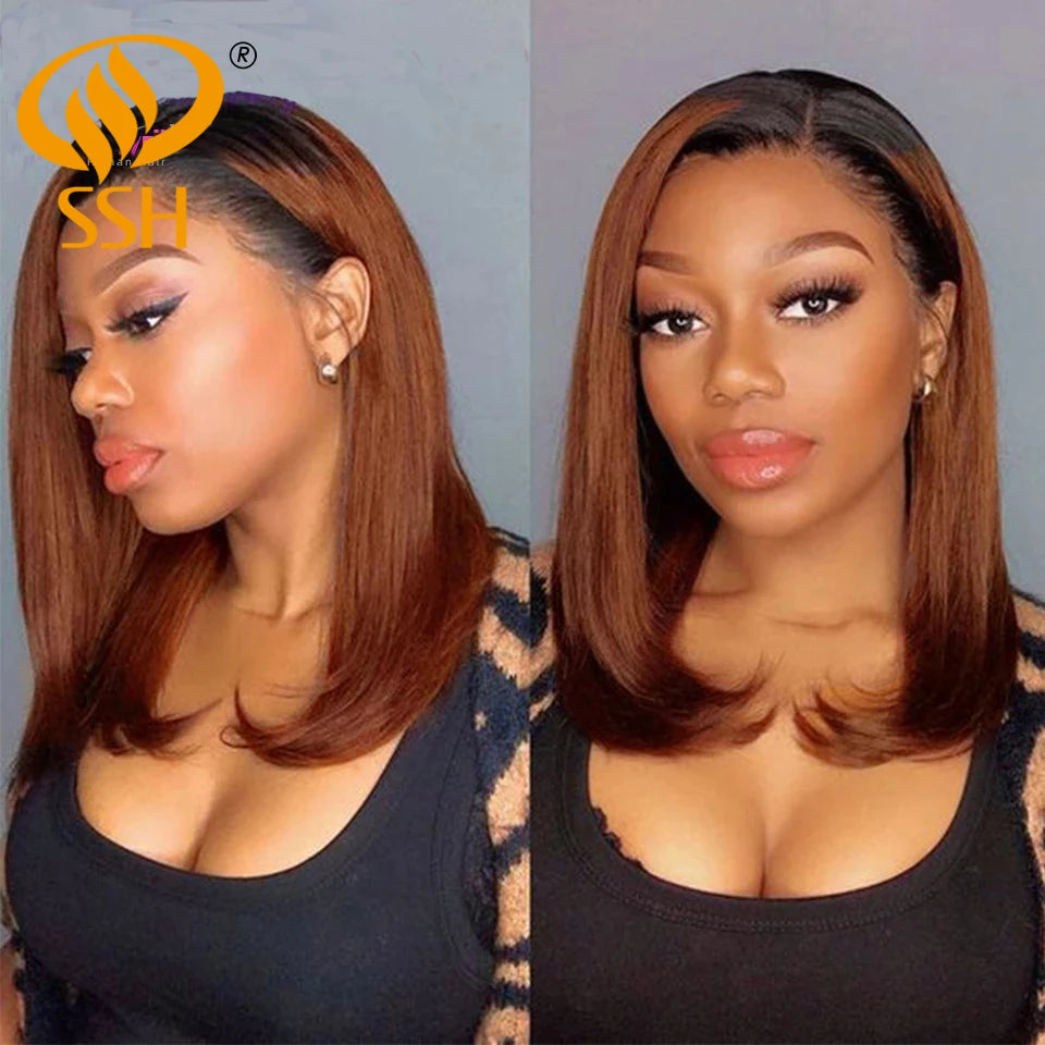 Kurze Ombre Honigblonde Bob Perücke mit Babyhaar Honigbraune Glatte Echthaarperücken Lace Part Seitenbraune Perücken für Schwarze Frauen