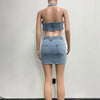 Denim Dress Sets Mini Wrap Buttocks Dress Slim Sheath Solid Two Pieces Sashes Sexy Pullover Tops Washed High Street Spliced