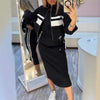 Women's Fashion Color-blocked White Striped Hip-covering Sweatshirt Dress 2piece Set Female Casual Zipper Jacket Coat Dress Suit