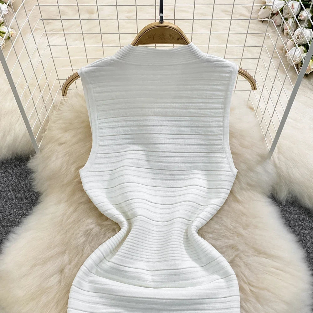White/Black Sexy Summer Knit Strap Dress Women Tank V Neck Elatic Waist Bodycon Sundress Female Beach  Midi Dress
