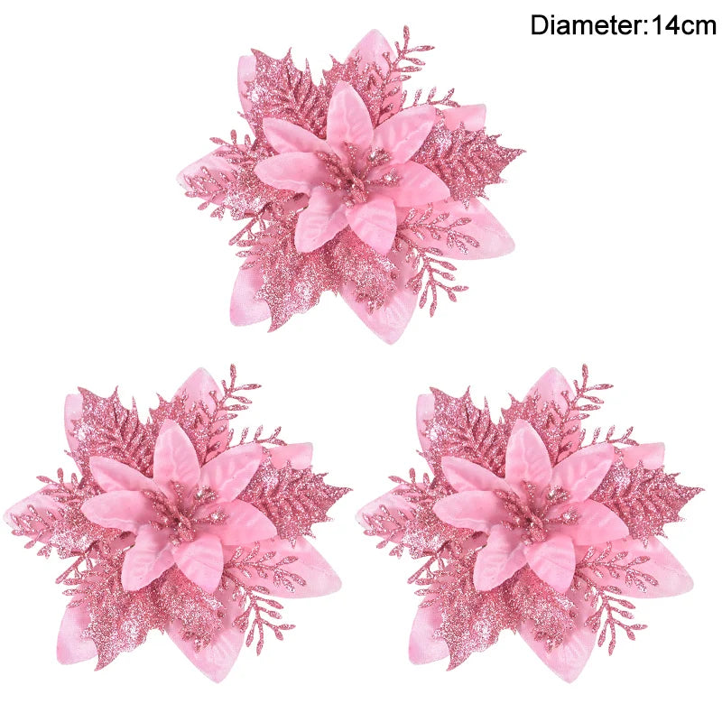3/10Stück 14cm Weihnachtsblumen Glitzer Rot Gold Blütenkopf Weihnachtsbaumschmuck Neujahrsdekorationen für Zuhause Navidad Noel Geschenke
