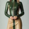 Women's Elegant Color Block PU Leather Dress High Neck Zipper Long Sleeve Slim Fit Bodycon Mini Dress For Female Party Dresses
