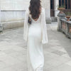 Sexy Women Long Knit Beach Dress Hollow-Out Deep V-Neck Long Sleeve Bikini Cover-Ups Dress Fall Backless Holiday Dress