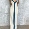 Sexy V-neck Contrast Color Off-shoulder Sleeveless Striped Wide Sling Split Hem Long Dress Temperament Party Club Casual Clothes