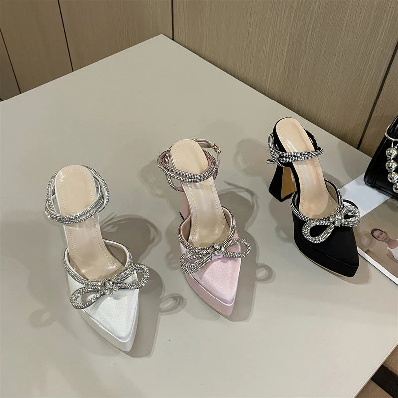 Hlieny 2025 Spring Autumn Women Pumps Fashion Platform Pointed Toe Butterfly-Knot Crystal Party Shoes Ankle Buckle Strap Sandals