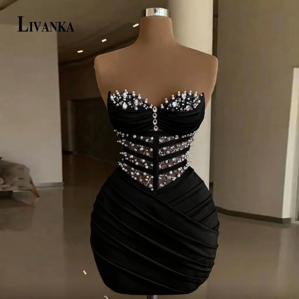 LIVANKA  Fashionable Sheath Homecoming Dresses For Women Pearls Pleat Ruched Satin Vestidos De Festa Customized Plus Size