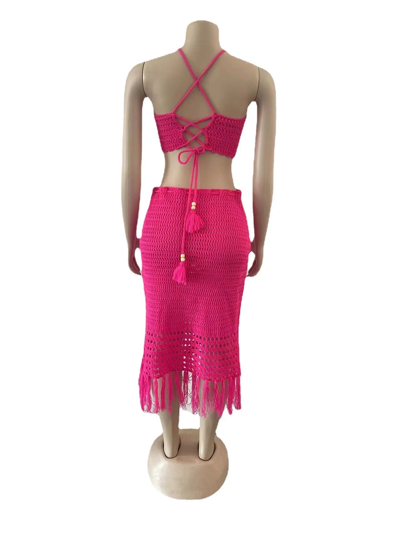 CM.YAYA Beach Knit See Though Women Two 2 Piece Set Outfits Halter Neck Crop Top and Tassel Midi Skirt Suit 2023 New Dress Set