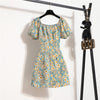 Damen Minikleider Sommer Mode Damenkleider Bedruckte Chiffonkleider mit Blumenmuster, gerafft, plissiert, kurze Puffärmel, Freizeitkleid
