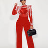 Women Jumpsuit Solid High Collar Hot Drill Mesh Shoulder Cotton Long Sleeves Long Straight Jumpsuit Sexy Party Outfits