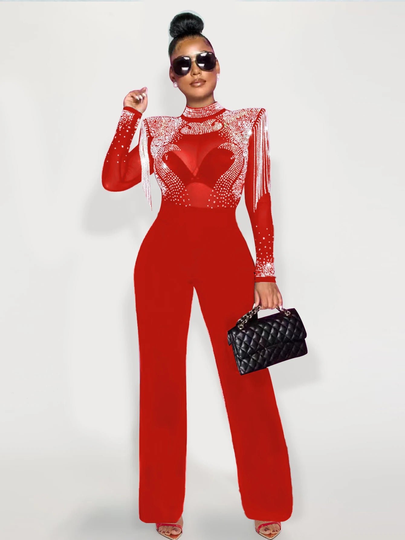 Women Jumpsuit Solid High Collar Hot Drill Mesh Shoulder Cotton Long Sleeves Long Straight Jumpsuit Sexy Party Outfits