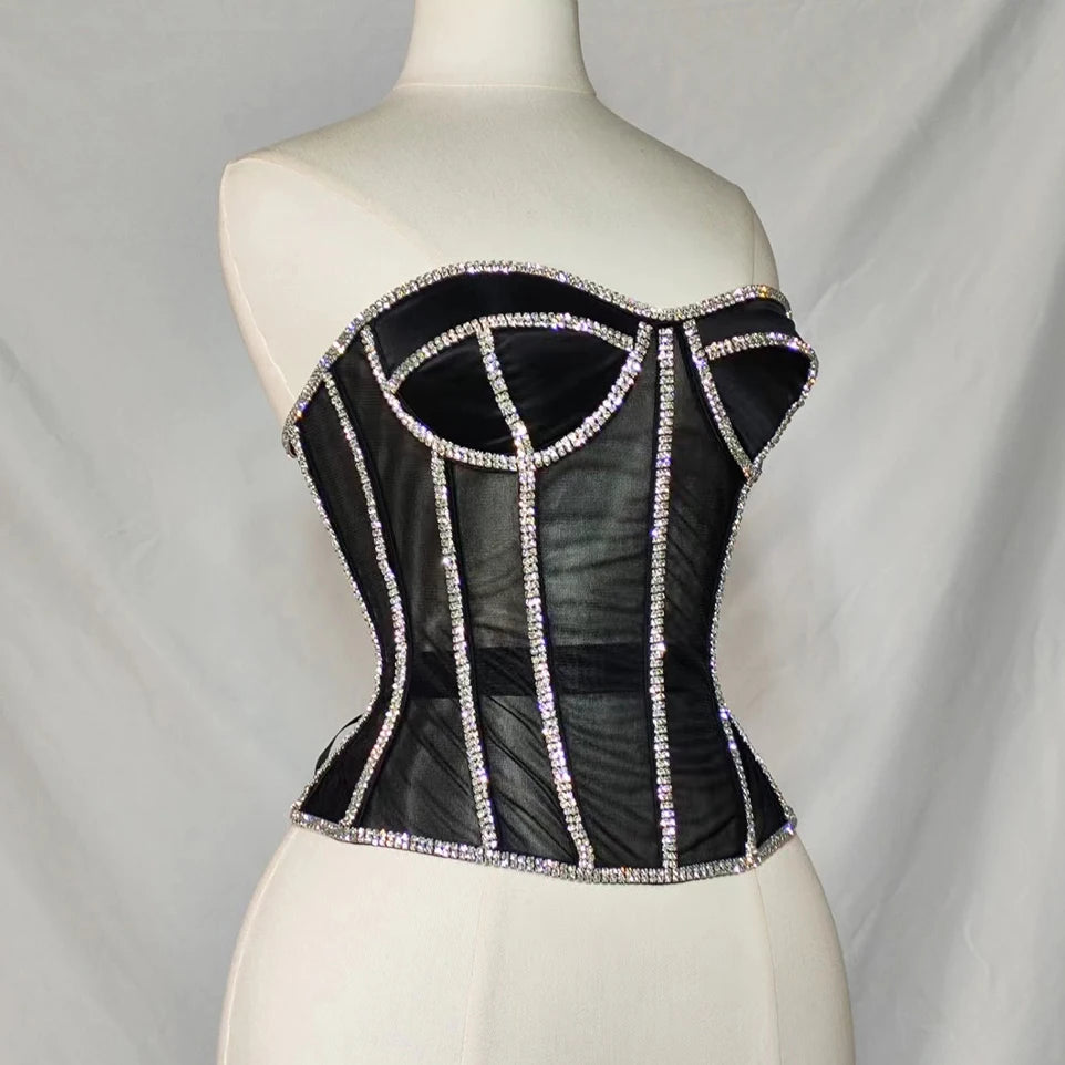 Women Abdomen Corset Crops with Bra Shiny Rhinestone Transparent Breathable Mesh Hand Made Bodices Push Up Bustiers Custom Made
