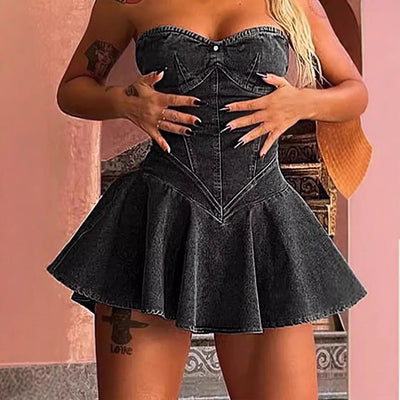 Damen Wickelkleid, sexy, ärmellos, rückenfrei, gespleißt, schmal geschnitten, trägerloses Minikleid, sexy A-Linie, 2024 Denim Kleider