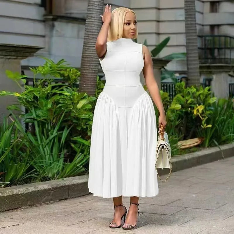 Long Dresses Women Party Dress Pleated Patchwork Sleeveless Stand Collar Maxi Gown Tight Waist Vestidos 2025 Summer A Line