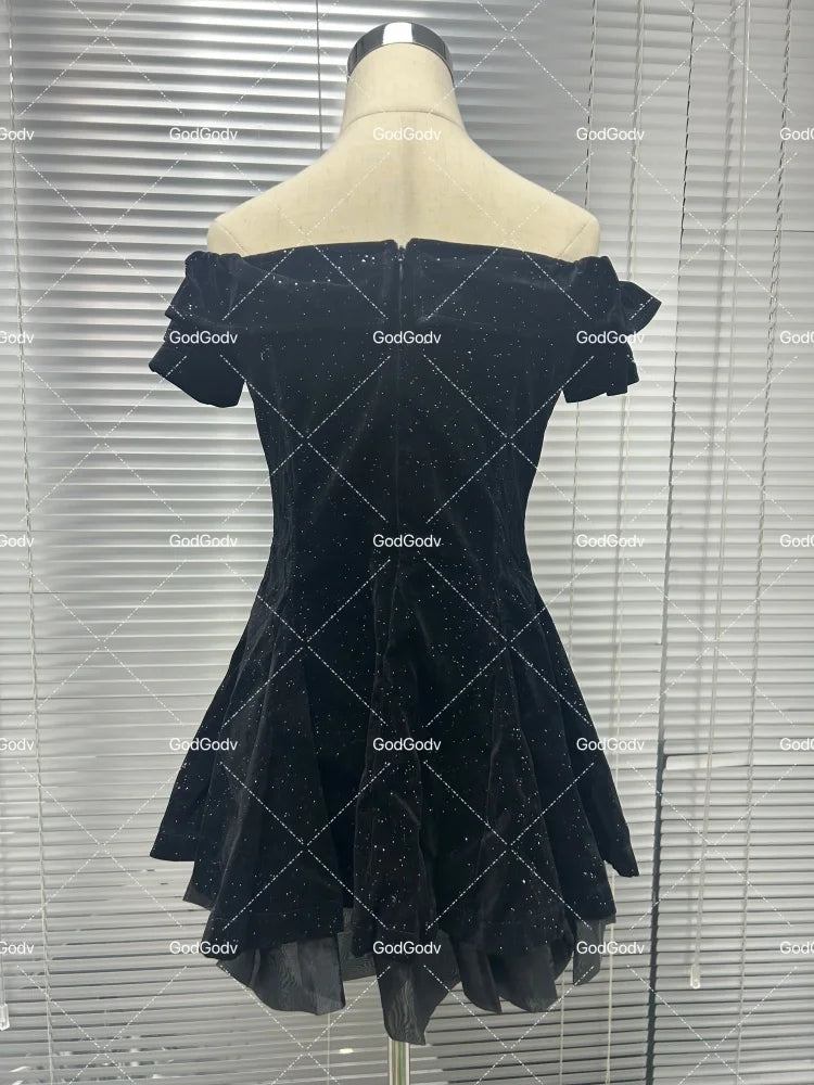 Black French Vintage Elegant Design Woman Dress Gothic Off Shoulder Retro Mini Dress Female Fairy Birthday Party Chic Outfits