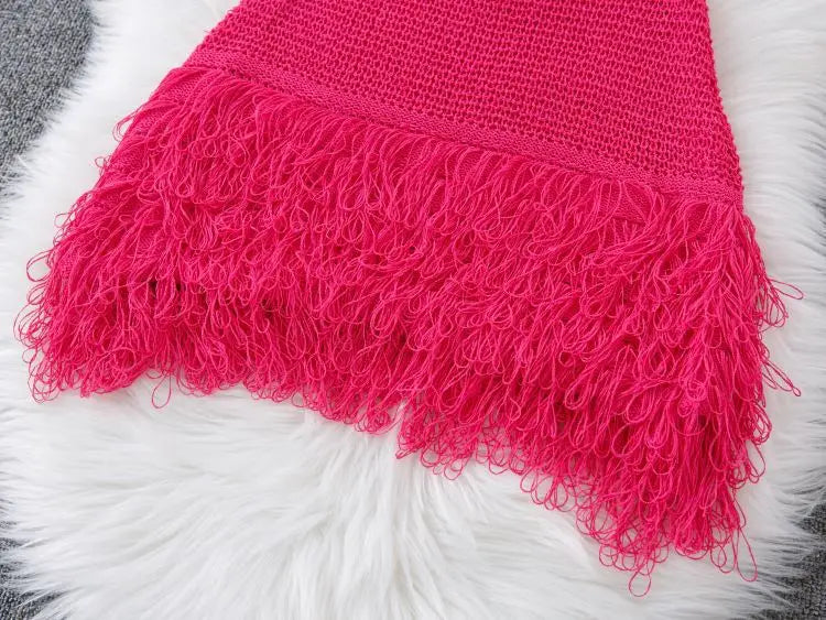Women's Solid Color Sleeveless Round Neck Slim Fitting Fringe Fur Dress for Summer 2025