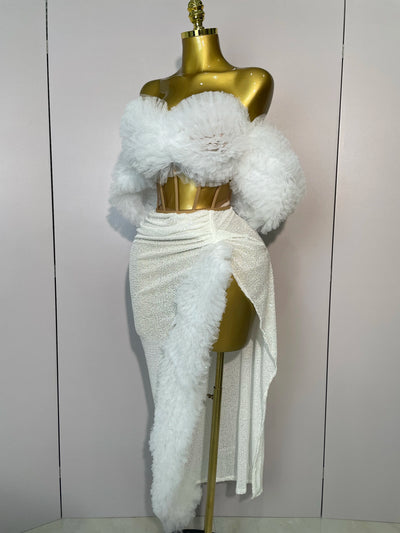 2025 Women White Sequins Top Short Skirt Two Pieces Set Sexy Celebrate Evening Prom Birthday Dress Nightclub Stage Outfit