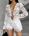 Women Sexy Short Sets Hollow Out Top Lace Spliced Full Sleeve Cardigan Solid Elegant Slim Fit Shirts High Street Summer 2024