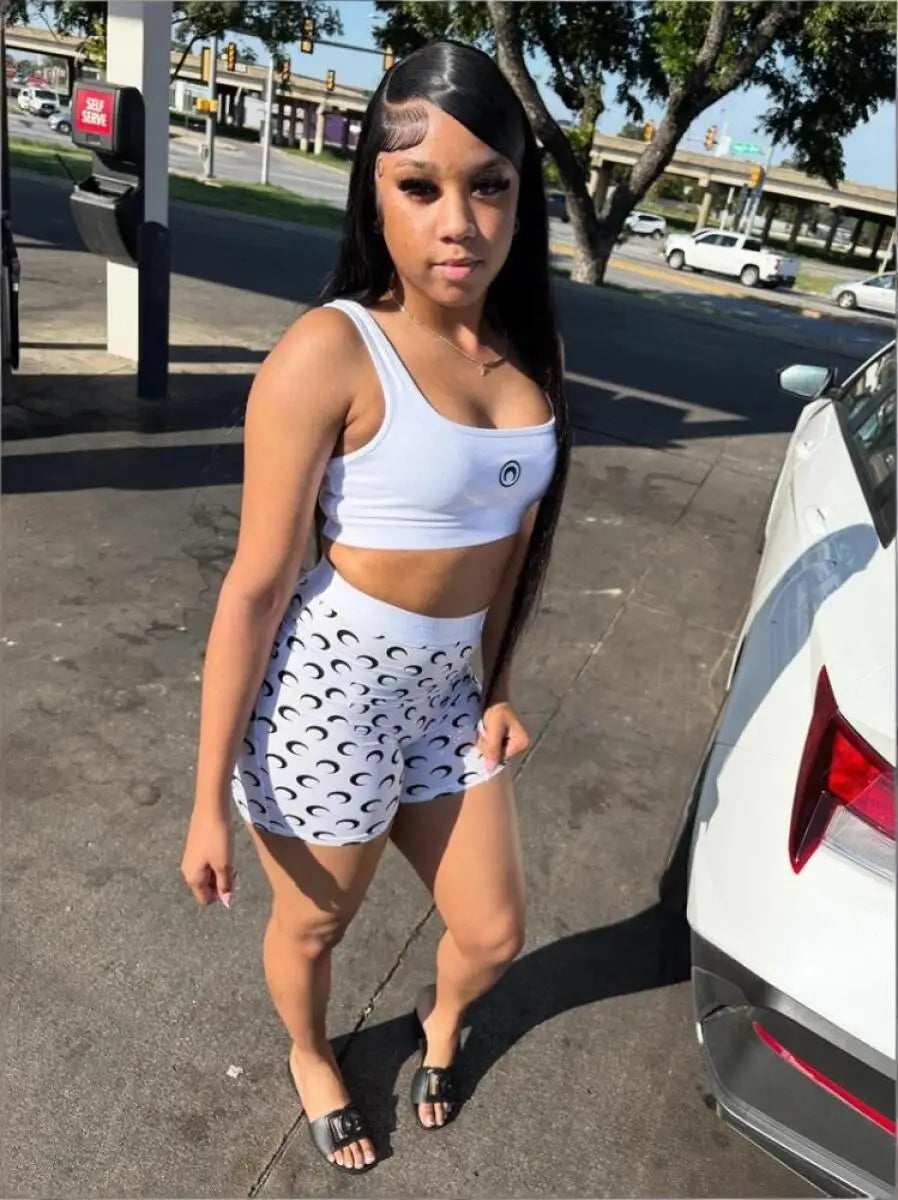 Summer Women Crop Top Shorts Set 2 Piece Sleeveless Moon Printed Sports Club Party Cexy Street Outfit