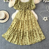 2024 Neues Sommer Blumenmuster Maxikleid Damen Vintage Eckiger Ausschnitt Geraffte Brust Schärpe Bandage Sommerkleid Partykleid