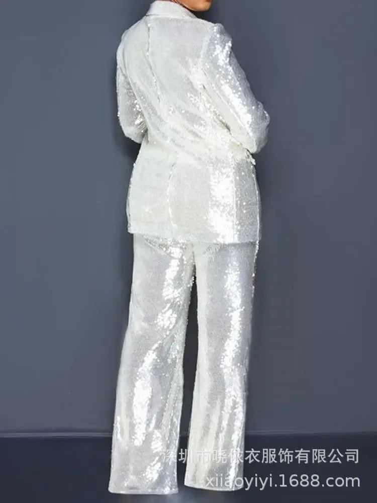Sequin Blazer V-Neck Two Piece Pant Suit Set