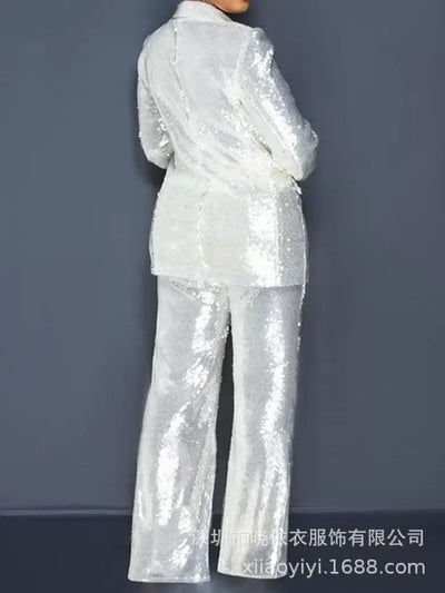 Sequin Blazer V-Neck Two Piece Pant Suit Set