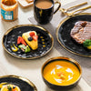 LOVECASA 16/32 Piece Black Porcelain Dinnerware Set with Gold Trim Dessert Plate,Dinner Plate,Cup,Bowl Tableware Set