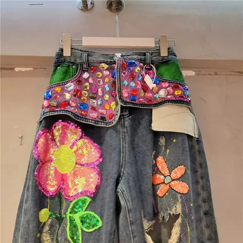 Fashion Rhinestone Washed Ripped Graphic Jeans Street Style Women's Denim Pants High Waisted Beaded Sequin Straight-Leg Jean