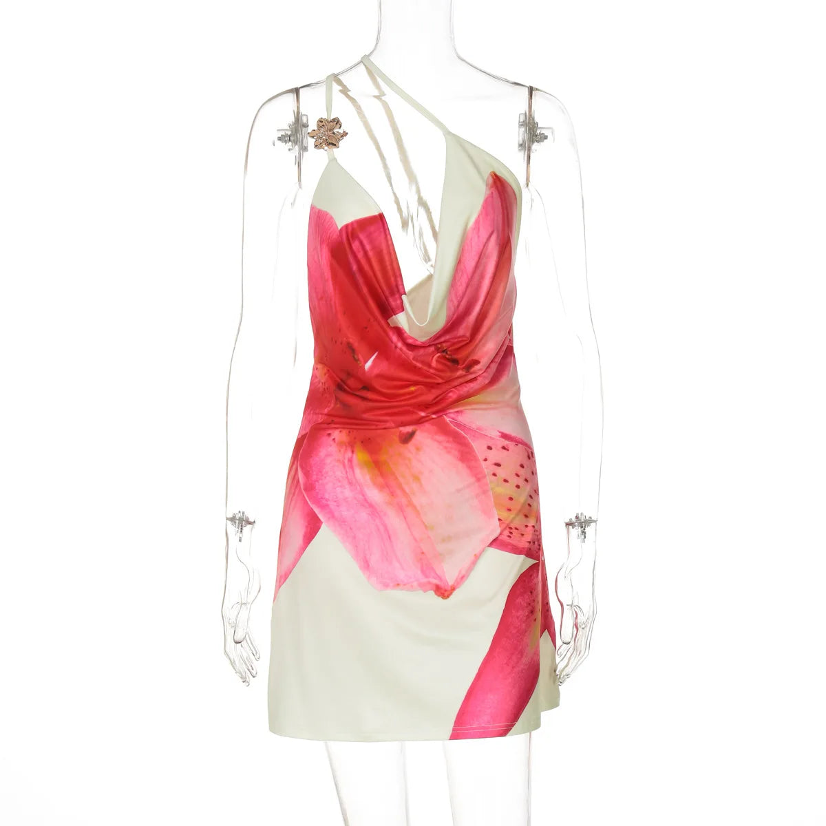 TARUXY Asymmetrisches, sexy bedrucktes Kleid, drapiert, Schwingkragen, Strandurlaub, Minikleid, elegant, ärmellos, Damen, hohe Taille