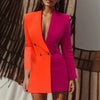 Women Blazer Elegant Office Lady Suit Deep V-Neck Long Sleeve Patchwork Slim OL Double Breasted Dress Coat Contrast Color Suits