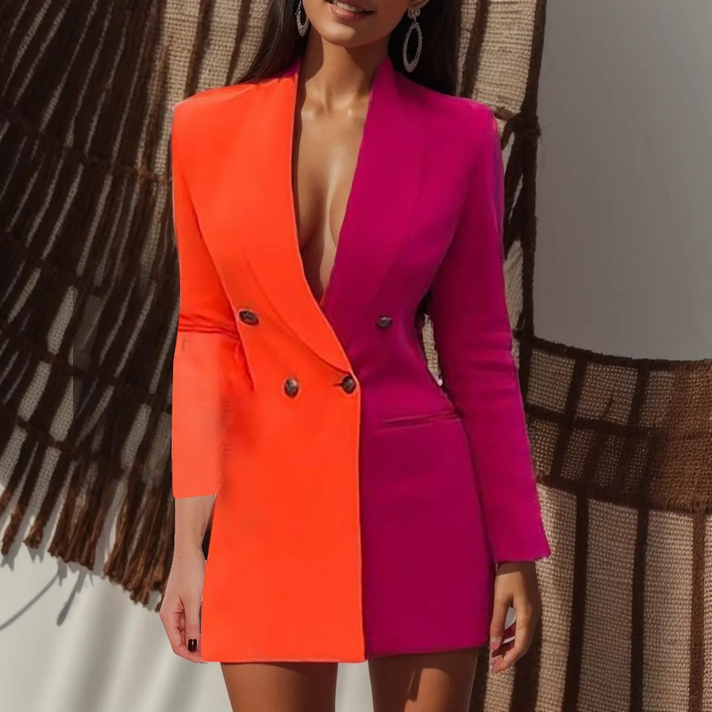 Women Blazer Elegant Office Lady Suit Deep V-Neck Long Sleeve Patchwork Slim OL Double Breasted Dress Coat Contrast Color Suits