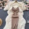 Summer V Neck Knit Sexy Strap Dress Women Elatic Waist Bodycon Sundress Female Beach Backless Maxi Long Dress