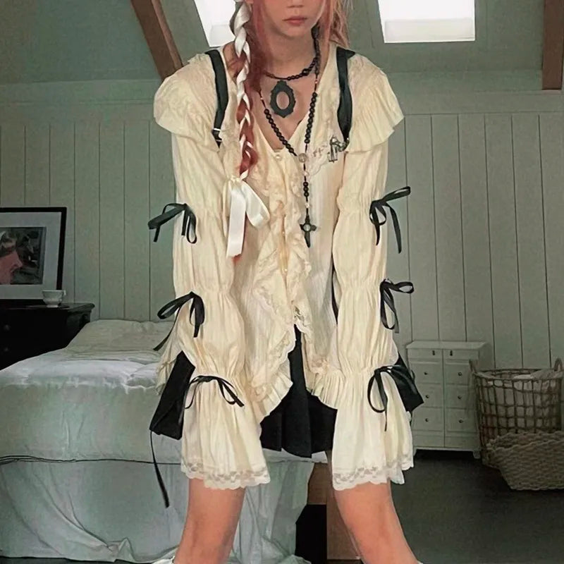 Karrram Y2k Ästhetik Spitze Hemd Grunge Gothic Unregelmäßige Blusen Fee Harajuku Bandage Hemd Vintage Lolita Kleidung Mall Goth