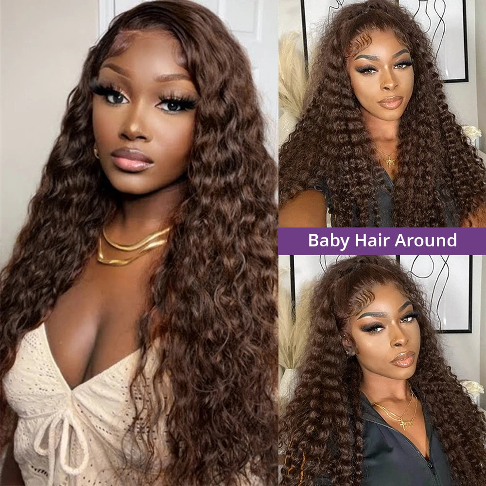 300 Density Chocolate Brown Deep Wave Lace Front Human Hair Wig 40Inch Color Hd Lace Frontal Wig For Women 13x6 Water Curly Wigs