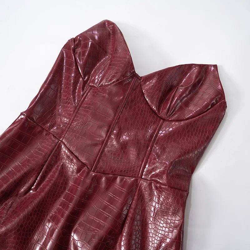 Luxury Leather Strapless Short Dress Women's Hot Summer Backless Sexy Party Curvy Dresses 2025 Evening Red Brown Hip Pacage  Y2K