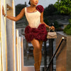 Elegant Ivory Dress With Red Embellishments And Large Rose Accents On Skirt And Shoulder Exudes Glamour And Sophistication Perfe