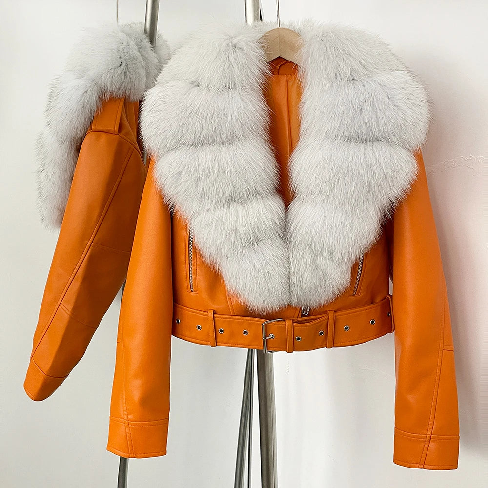 OFTBUY Natural Fox Fur Faux Leather Jacket Female New Autumn Short Top Clothing Women Long Sleeve Fake Leather Real Fur Coat