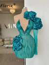 One Shoulder Green Short Cocktial Dress Customized Crystal Ruffles Birthday Party Gown Illusion Long Sleeve Homecoming Mini Gala